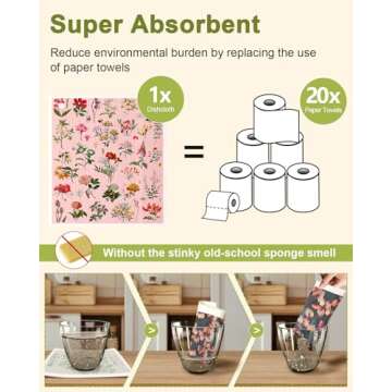 Miss Adola 8 Pack Reusable Kitchen Swedish Dishcloths for Washing Dishes Swedish Cloths Absorbent Fast Drying Cleaning Swedish Sponge Cute Pattern Decor Washable Swedish Cloths, Flowers