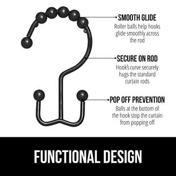 Gorilla Grip Shower Curtain Hooks, Stainless Steel Rust Resistant Easy Install Rings Set of 12, Decorative Liner Ring for Bathroom Hanging Rods, Friction Free Metal Hook, Bath Room Accessory, Black