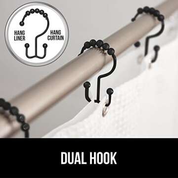 Gorilla Grip Shower Curtain Hooks, Stainless Steel Rust Resistant Easy Install Rings Set of 12, Decorative Liner Ring for Bathroom Hanging Rods, Friction Free Metal Hook, Bath Room Accessory, Black