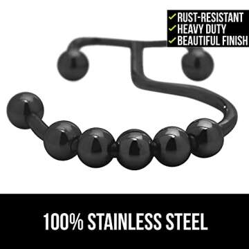 Gorilla Grip Shower Curtain Hooks, Stainless Steel Rust Resistant Easy Install Rings Set of 12, Decorative Liner Ring for Bathroom Hanging Rods, Friction Free Metal Hook, Bath Room Accessory, Black