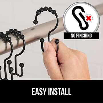 Gorilla Grip Shower Curtain Hooks, Stainless Steel Rust Resistant Easy Install Rings Set of 12, Decorative Liner Ring for Bathroom Hanging Rods, Friction Free Metal Hook, Bath Room Accessory, Black