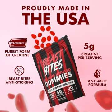 BEAST BITES - Creatine Gummies - 5g Creatine Monohydrate Per Serving - Low-Calorie & Vegan - Made in The USA - Strawberry Flavor - 30 Servings