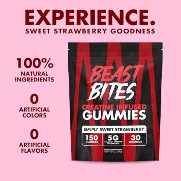 BEAST BITES - Creatine Gummies - 5g Creatine Monohydrate Per Serving - Low-Calorie & Vegan - Made in The USA - Strawberry Flavor - 30 Servings