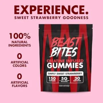 BEAST BITES - Creatine Gummies - 5g Creatine Monohydrate Per Serving - Low-Calorie & Vegan - Made in The USA - Strawberry Flavor - 30 Servings