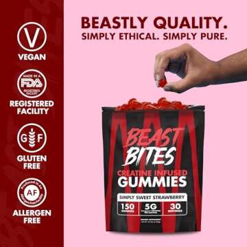 BEAST BITES - Creatine Gummies - 5g Creatine Monohydrate Per Serving - Low-Calorie & Vegan - Made in The USA - Strawberry Flavor - 30 Servings