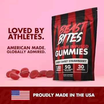 BEAST BITES - Creatine Gummies - 5g Creatine Monohydrate Per Serving - Low-Calorie & Vegan - Made in The USA - Strawberry Flavor - 30 Servings