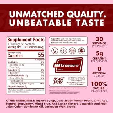 BEAST BITES - Creatine Gummies - 5g Creatine Monohydrate Per Serving - Low-Calorie & Vegan - Made in The USA - Strawberry Flavor - 30 Servings