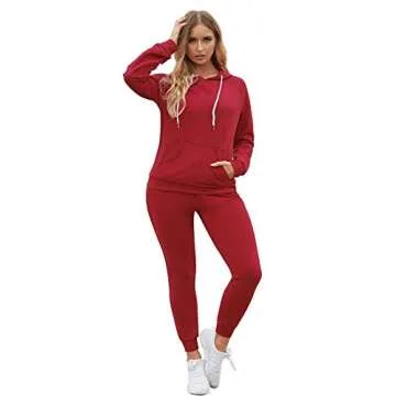 Selowin Women Sweatsuit Long Sleeve Hooded Sweatshirt Sweatpants Loungewear Matching Sets Wine Red L