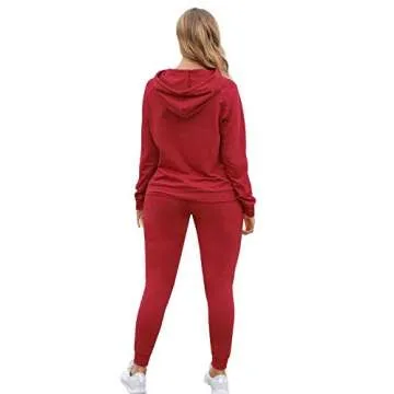 Selowin Women Sweatsuit Long Sleeve Hooded Sweatshirt Sweatpants Loungewear Matching Sets Wine Red L
