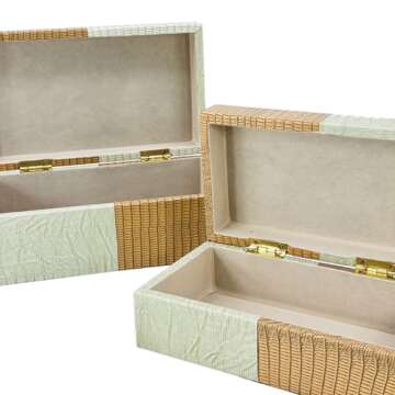 Galt International Vegan Aligator Leather Decorative Storage Boxes Large & Small Box w/Hinged Lid - Brown & Tan Checkered Leather Design