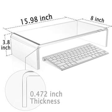 Clear Computer Stand 16 inch, Acrylic Computer Monitor Riser with Sturdy, Hold up to 40lbs Desktop Monitor Stand Heavy Duty Computer Stand Acrylic, 12mm Thickness Computer Stand for Office, Home