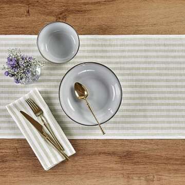 Solino Home Stripe Linen Table Runner 72 Inches Long – 100% Pure Linen Sage and White Dining Table...