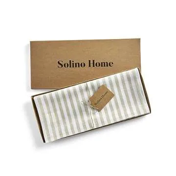 Solino Home Stripe Linen Table Runner 72 Inches Long – 100% Pure Linen Sage and White Dining Table Runner 14 x 72 Inch Ideal for Wedding, Parties, Spring, St Patrick's Day, Easter – Amalfi Stripe