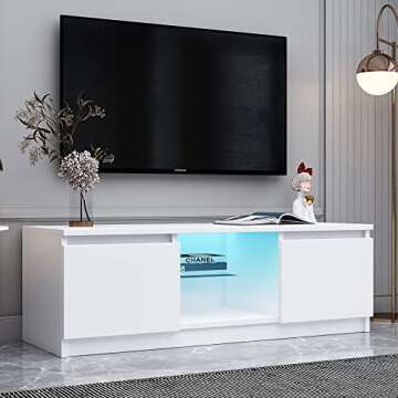 Boloni White TV Stand with LED Light for 55 Inch TV, Modern Entertainment Center Stand with 2 Drawer Storage, Media Console Cabinet with Color-Changing Lighting for Living Room