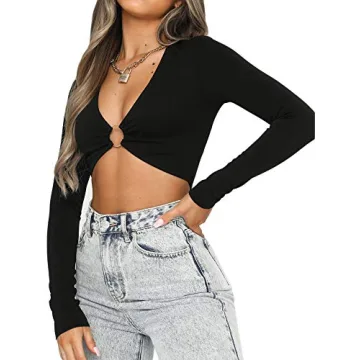 Crop Tops for Women Black Long Sleeve Crop Top (S, Long Sleeve Black)