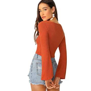 SweatyRocks Women's Adjustable Drawstring String Long Bell Sleeve Rib Knit Sexy Crop Top Orange M