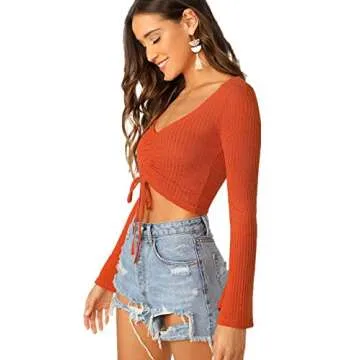 SweatyRocks Women's Adjustable Drawstring String Long Bell Sleeve Rib Knit Sexy Crop Top Orange M
