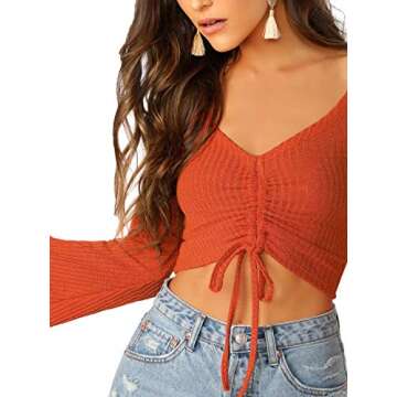 SweatyRocks Women's Adjustable Drawstring String Long Bell Sleeve Rib Knit Sexy Crop Top Orange M