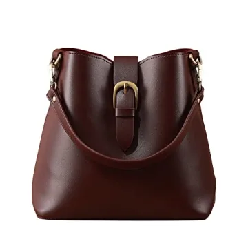 Town Bucket Vegan Leather Bag For Women (Burgundy Red) Hobo Retro Faux Casual Purse Classic Vintage ...