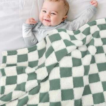 HOMRITAR Checkered Baby Blanket for Boys Sage Green Soft Fluffy Fuzzy Blankets with 3D Chessboard Grid, Warmer Comfort Reversible Lightweight Bed Blanket for Toddlers Infant or Newborn 30 x 40 Inch