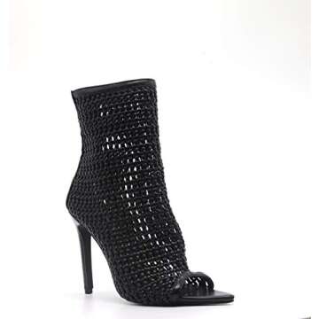 Cape Robbin Weave Sexy Stiletto High Heels for Women, Pointed Peep Toe Booties with Zipper Closure,Black,7.5