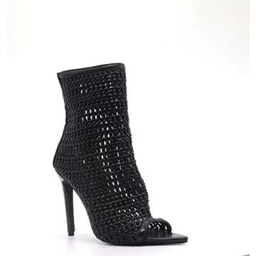 Cape Robbin Weave Sexy Stiletto High Heels for Women, Pointed Peep Toe Booties with Zipper Closure,Black,7.5