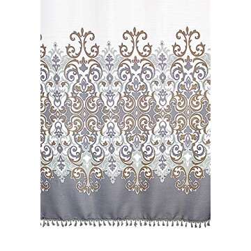 Sicily Collection Decorative Floral Fabric Shower Curtain: Elegant Style Grey, Bronze, White with Fringe