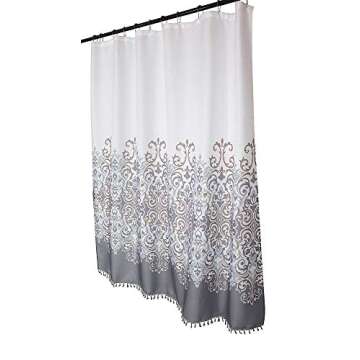 Sicily Collection Decorative Floral Fabric Shower Curtain: Elegant Style Grey, Bronze, White with Fringe