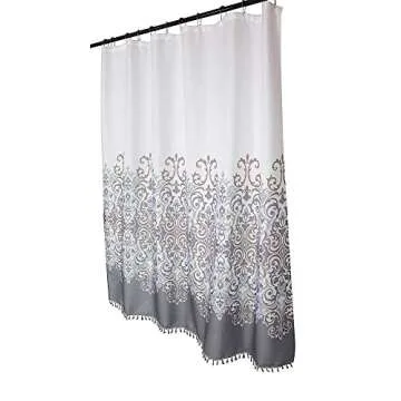 Sicily Collection Decorative Floral Fabric Shower Curtain: Elegant Style Grey, Bronze, White with Fringe