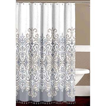 Sicily Collection Decorative Floral Fabric Shower Curtain: Elegant Style Grey, Bronze, White with Fringe