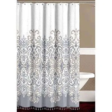 Sicily Collection Decorative Floral Fabric Shower Curtain: Elegant Style Grey, Bronze, White with Fringe
