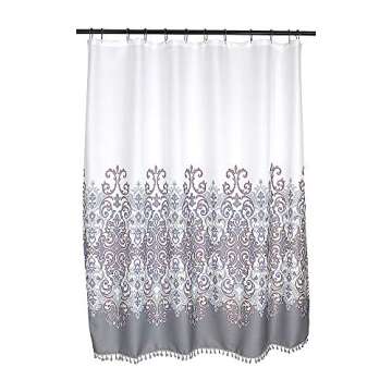 Sicily Collection Decorative Floral Fabric Shower Curtain: Elegant Style Grey, Bronze, White with Fringe