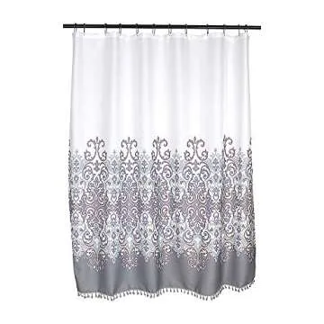 Sicily Collection Decorative Floral Fabric Shower Curtain: Elegant Style Grey, Bronze, White with Fringe