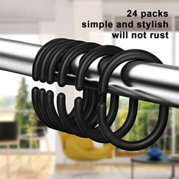 Black Shower Curtain Hooks,24 Packs Plastic Shower Curtain Rings,Shower Curtain Hooks Plastic for Bathroom Shower Window Rod,Durable C-Shaped Hanging Rings Rust Proof (Black)