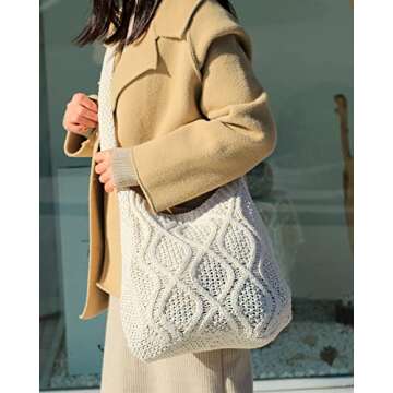 ENBEI Handmade Crochet Bag–Boho Chic Shoulder Bag, Aesthetic Kinted Bag,Cute Crossbody Bag,Perfect for Beach, Shopping or Daily Use – Stylish Durable(White)