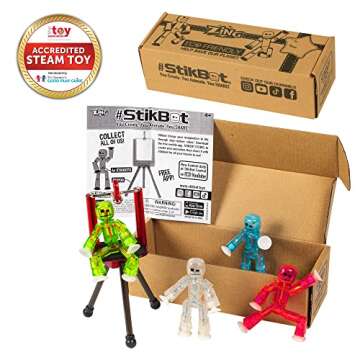 Zing Stikbots Set of 4 Clear Poseable Action Figures with Tripod for Stop Motion Animation