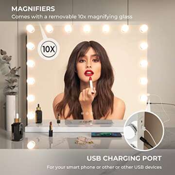 ZL ZELing Vanity Mirror Makeup Mirror with Lights,23.6" x 19.6"Large Tabletop Light up Mirror with 17Bulbs,10X Magnification,USB Charging Port,3 Color Touch Control Dimmable Lights.