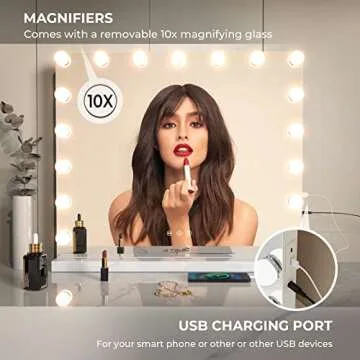 ZL ZELing Vanity Mirror Makeup Mirror with Lights,23.6" x 19.6"Large Tabletop Light up Mirror with 17Bulbs,10X Magnification,USB Charging Port,3 Color Touch Control Dimmable Lights.