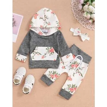 oklady Newborn Baby Girl Clothes Long Sleeve Flowers Hoodie Tops Infant Baby Girl Pants Outfits (A-Grey, 0-6 Months)