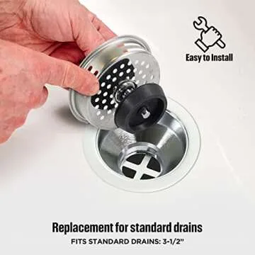 HIGHCRAFT 9843-2 Stainless Steel Kitchen Sink Strainer Basket Replacement for Standard Drains (3-1/2 Inch) -Universal Style Rubber Stopper (Pack of 2)