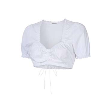 Clearlove Women's Ruched Lace Trim Short Sleeve Crop Top Solid Color Dirndl Blouse for Bavarian Oktoberfest (White-2,M)