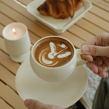 WENSHUO Egg Shape Coffee Mug with Saucer 8oz Crème