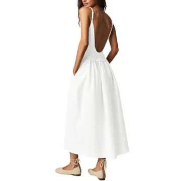 Fisoew Womens Spaghetti Strap Dress V Neck Backless Summer Casual A Line Cami Dress with Pocket White