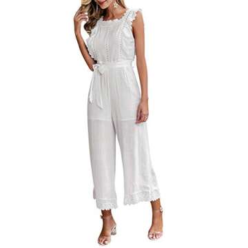 BerryGo Women's Elegant Sleeveless Ruffle Wide Leg Cotton Jumpsuit White