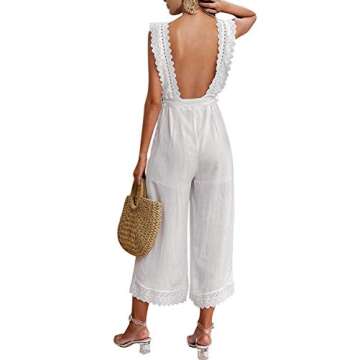 BerryGo Women's Elegant Sleeveless Ruffle Wide Leg Cotton Jumpsuit White