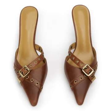 DOEYG Brown Kitten Heels for Women Pointed Toe Heels Mules Closed Toe Heeled Mules for Women Vintage...