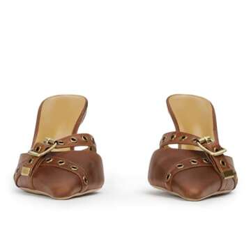 DOEYG Brown Kitten Heels for Women Pointed Toe Heels Mules Closed Toe Heeled Mules for Women Vintage Heels Dressy Sexy Pointy Heels Slip on Stiletto Heels Pumps Size 7.5