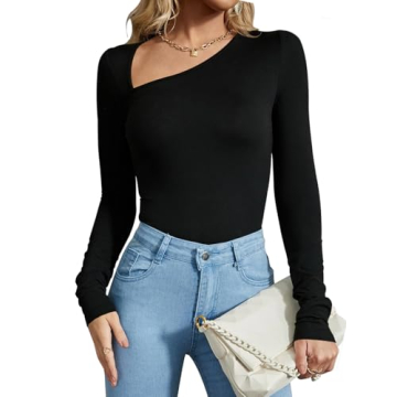REORIA Women's Casual Classy Asymmetrical Neck Long Sleeve Ribbed Slimming Thong Leotards Bodysuit T...