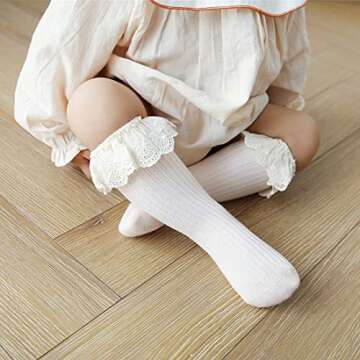 HOUSEYUAN Infant Frilly Baby Girls Knee High Socks White Newborn Thigh Lace Ruffle Long Socks Toddler Tights Stockings 4 Pairs 0-12 Months