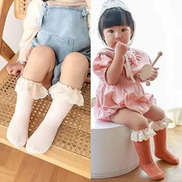 HOUSEYUAN Infant Frilly Baby Girls Knee High Socks White Newborn Thigh Lace Ruffle Long Socks Toddler Tights Stockings 4 Pairs 0-12 Months